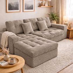 Modular Cloud Sectional Sofa with Ottoman, 105'' Faux Rabbit Fur Velvet Frameless Couch,Khaki