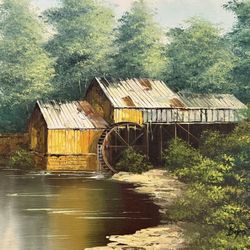 Framed Original Oil Painting - Rustic Watermill Scene (1979)