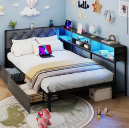 Twin Corner Bed Frame with Upholstered headboard, 2 Storage Drawers, Metal Platform Bed Frame with LED Light and Charging Station, Twin Daybed