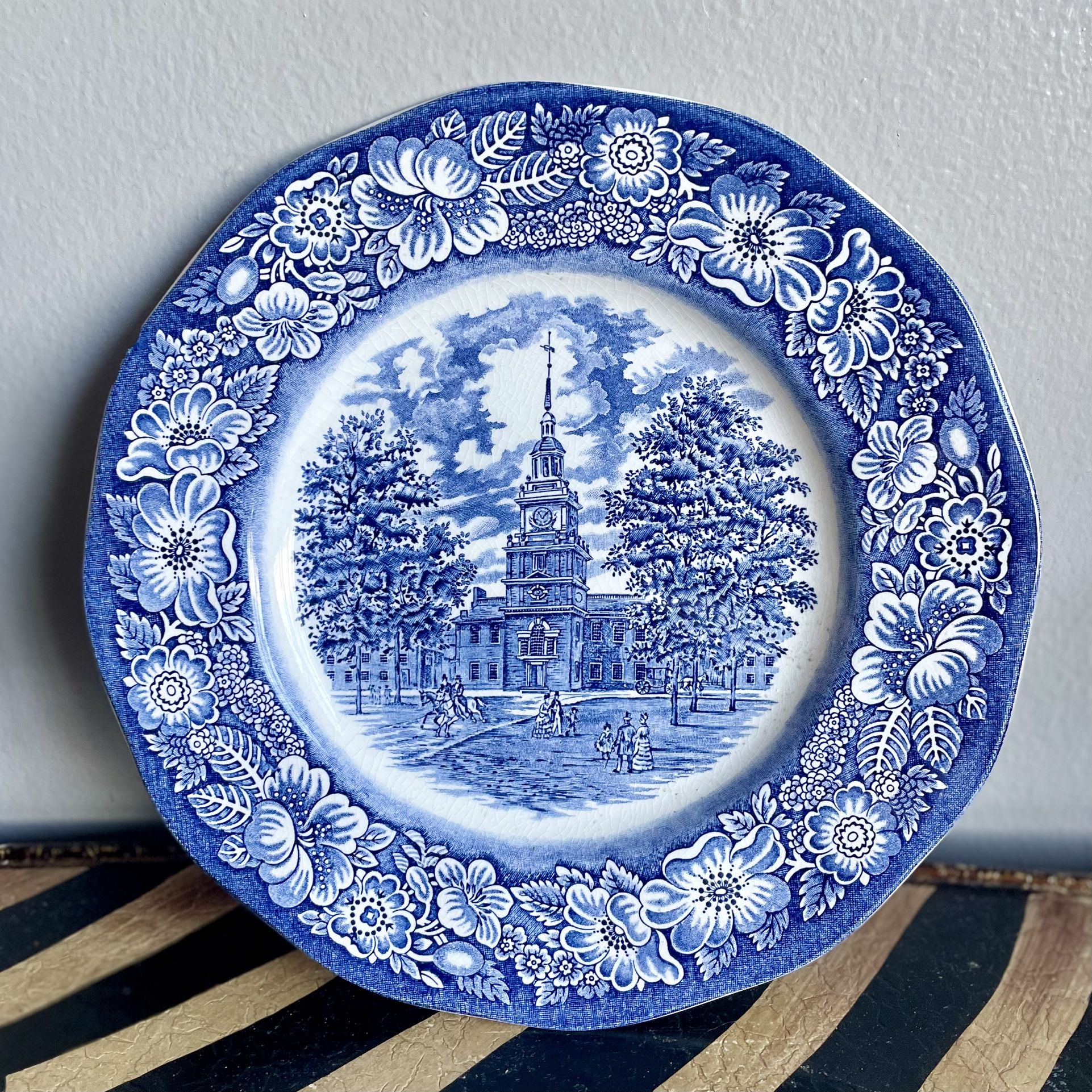 Incredible Vintage Liberty Blue Original Copper Engraving Staffordshire Ironstone Independence Hall Plate Made in England