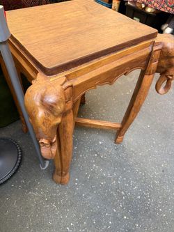 Vintage Hand-Carved Wooden Elephant Side Table