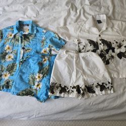 Boys 3-4T Hawaiian Shirt and Shorts Set, White & Blue