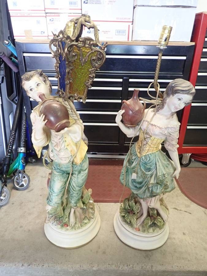 2 Large Vintage Capodimonte Lamps - Boy and Girl with Canteens