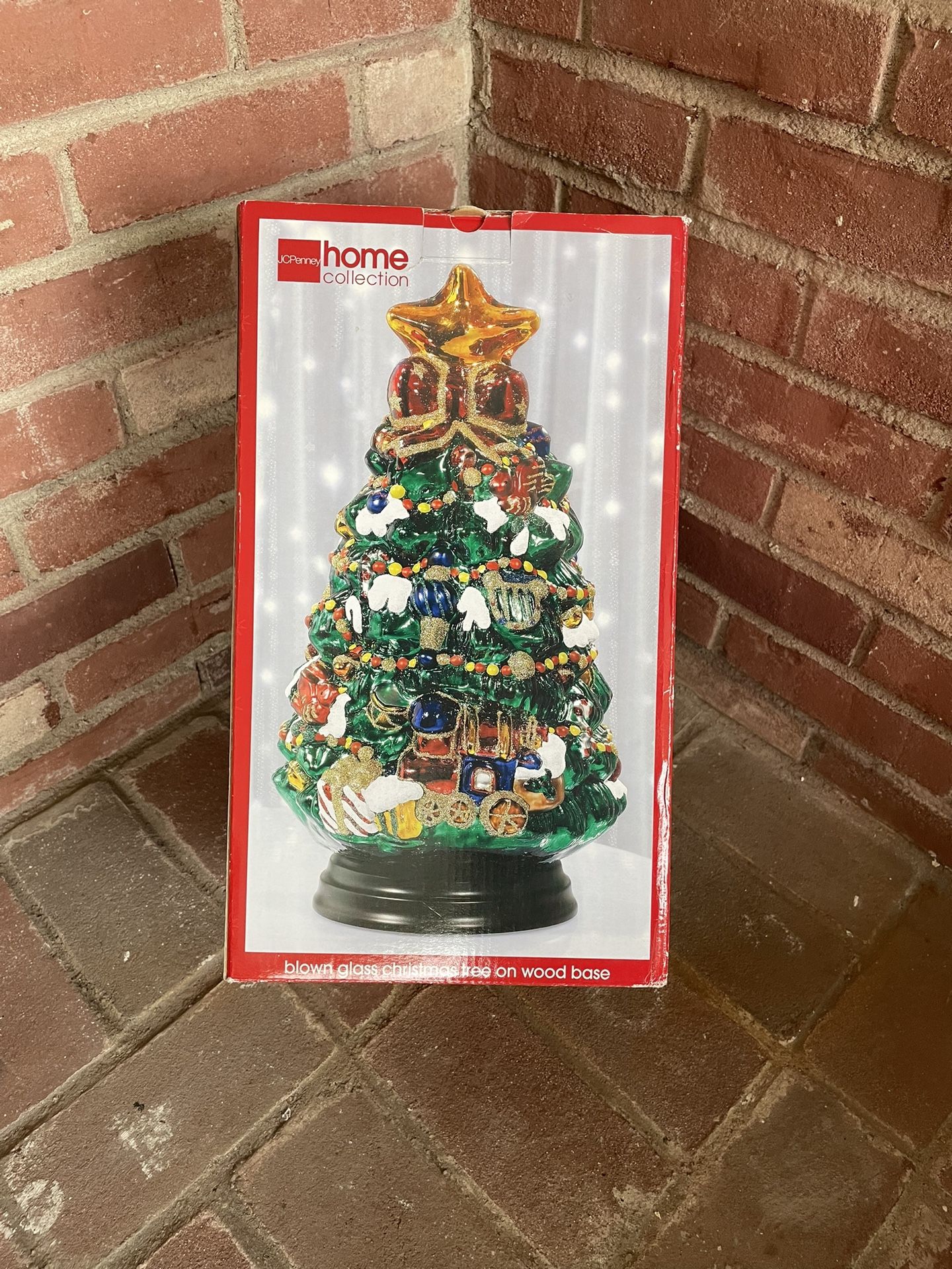 jc penney home collection blown glass Christmas tree with wood base