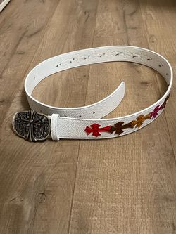 White Chrome Hearts Leather Belt with Multicolor Cross Patches
