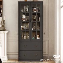 Black Wooden 31.5 in. W Buffet Pantry Cabinet Kitchen Cabinet with Adjustable Shelves and Tempered Glass Doors, Drawers
