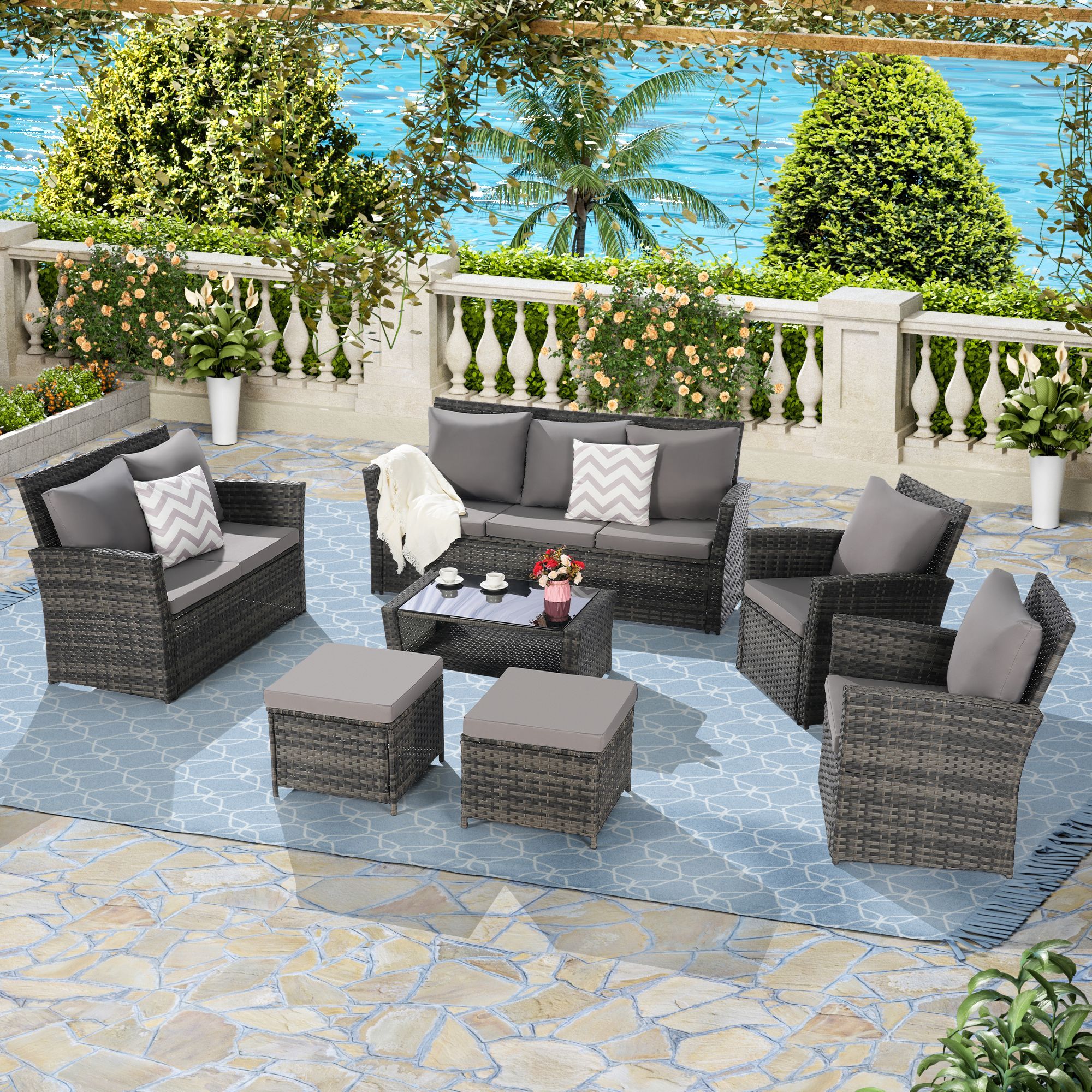 7 PCS PE/RATTAN OUTDOOR FURNITURE SET PATIO FURNITURE SET 9 SEATER