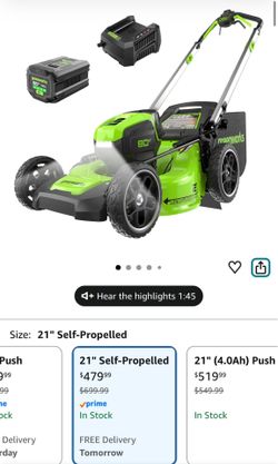Greenworks 80V 21" Self-Propelled Cordless Lawn Mower – Brushless Motor, LED Lights, 4.0Ah Battery & Rapid Charger (75+ Compatible Tools)