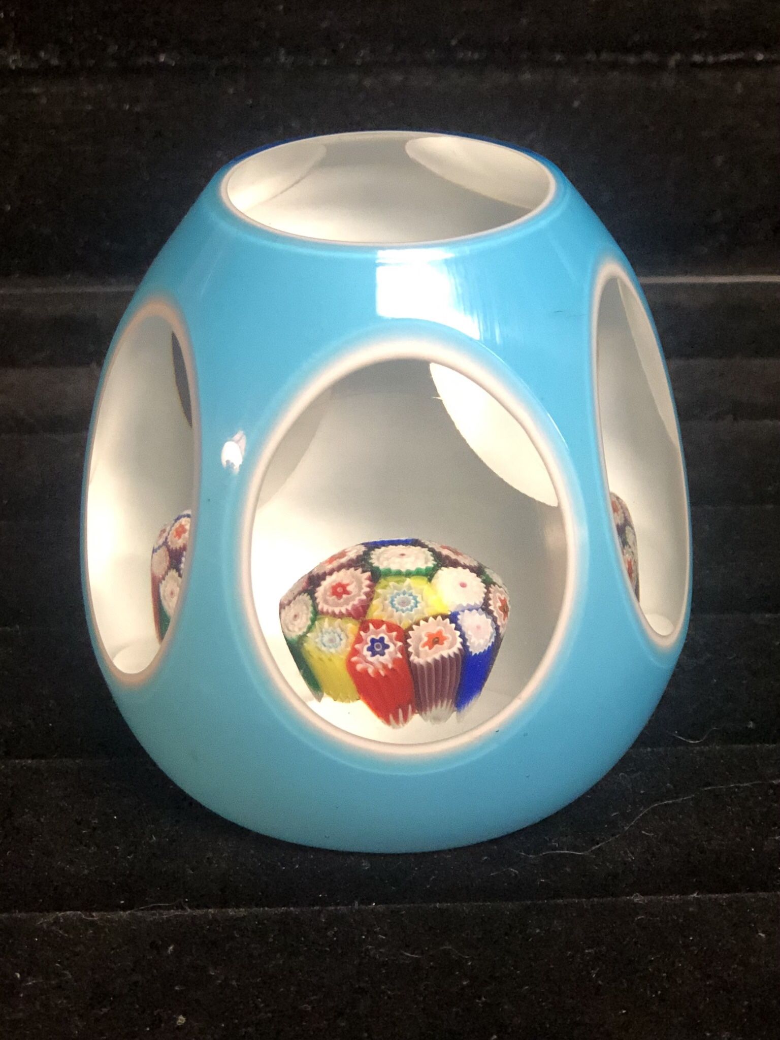 Vtg Murano Millefiori Glass Faceted Overlay 5 window paperweight Turquoise