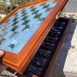 Vintage Glass Chess Set with Wooden Case