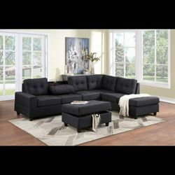 Heights Black Linen Reversible Sectional with Storage Ottoman

