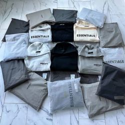 Essentials shirts, sweats, shorts, and sweaters