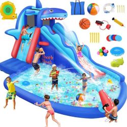 AKEYDIY Inflatable Water Slide, Shark Bounce House with Slide