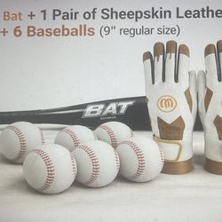 Complete Baseball Set- 1 Baseball Bat + 1 Pair of Sheepskin Leather Gloves + 6 Balls (9”)