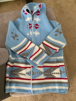 Light Blue Southwestern Zip Cardigan with Geometric Pattern