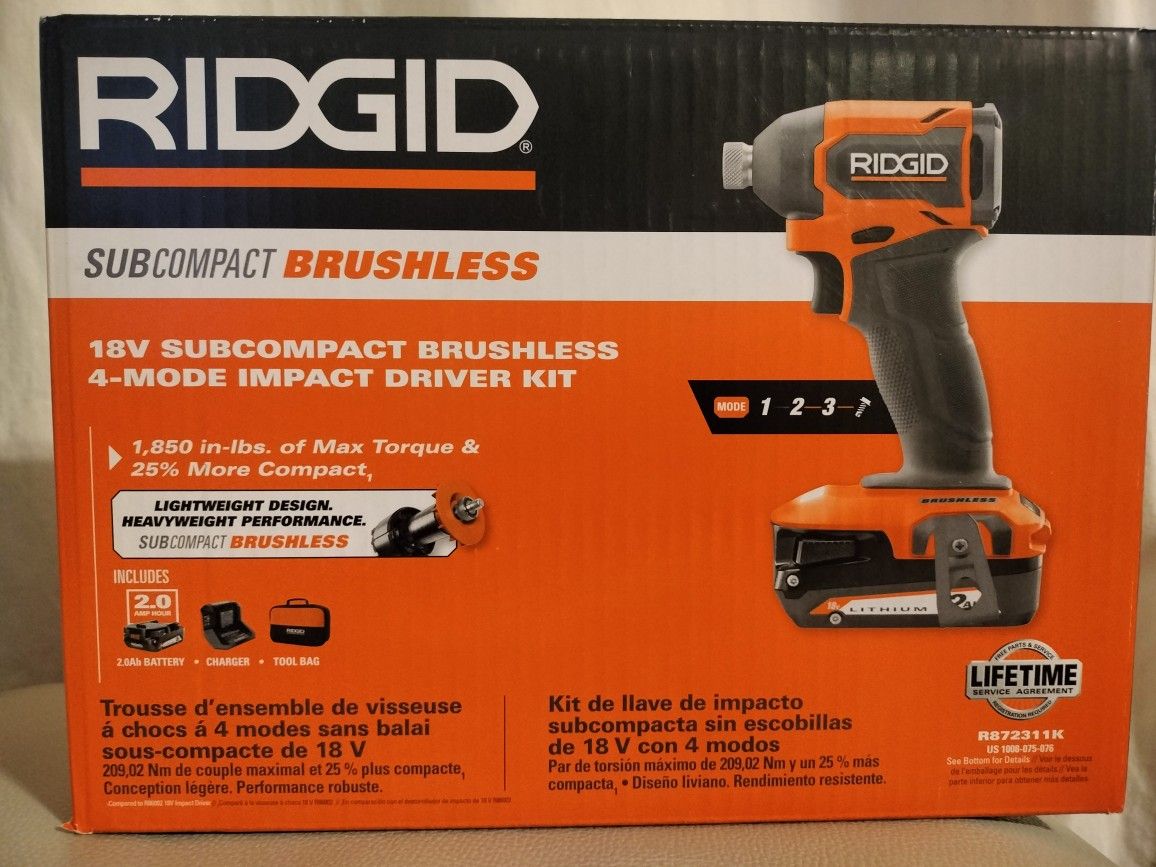 RIDGID
18V SubCompact Brushless Cordless Impact Driver Kit with 2.0 Ah Battery, Charger, and Tool Bag