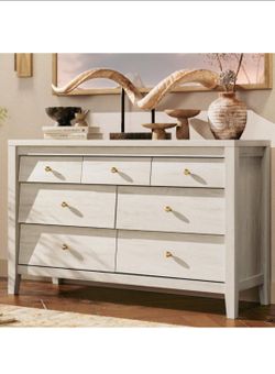 White 7 Drawer Dresser, Moderr Farmhouse Wood Storage Cabinet, Bedroom Chest TV Stand