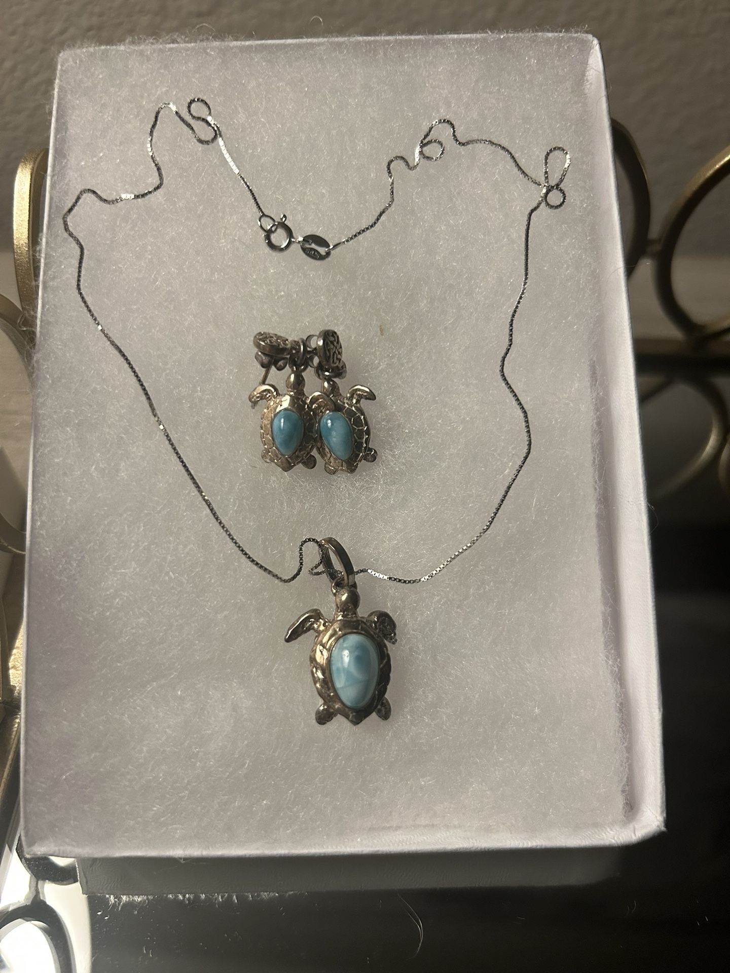 STERLING SILVER TURTLE EARRINGS AND NECKLACE 
