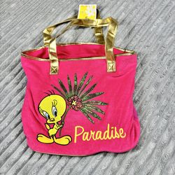 Y2K Tweety Bird Hot Pink and Gold Terry Cloth Paradise Large Tote NWT