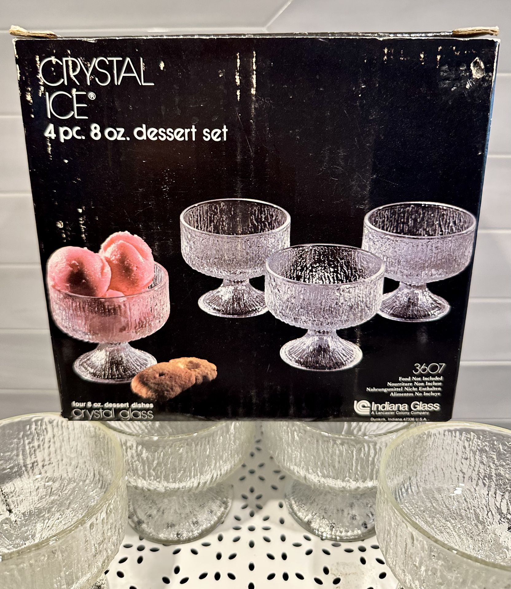Vintage Indiana glass Crystal Ice  set of 4 dessert cups.  Unused, new old stock in original box. 8 oz. Rain Textured clear glass pedestal dishes.    