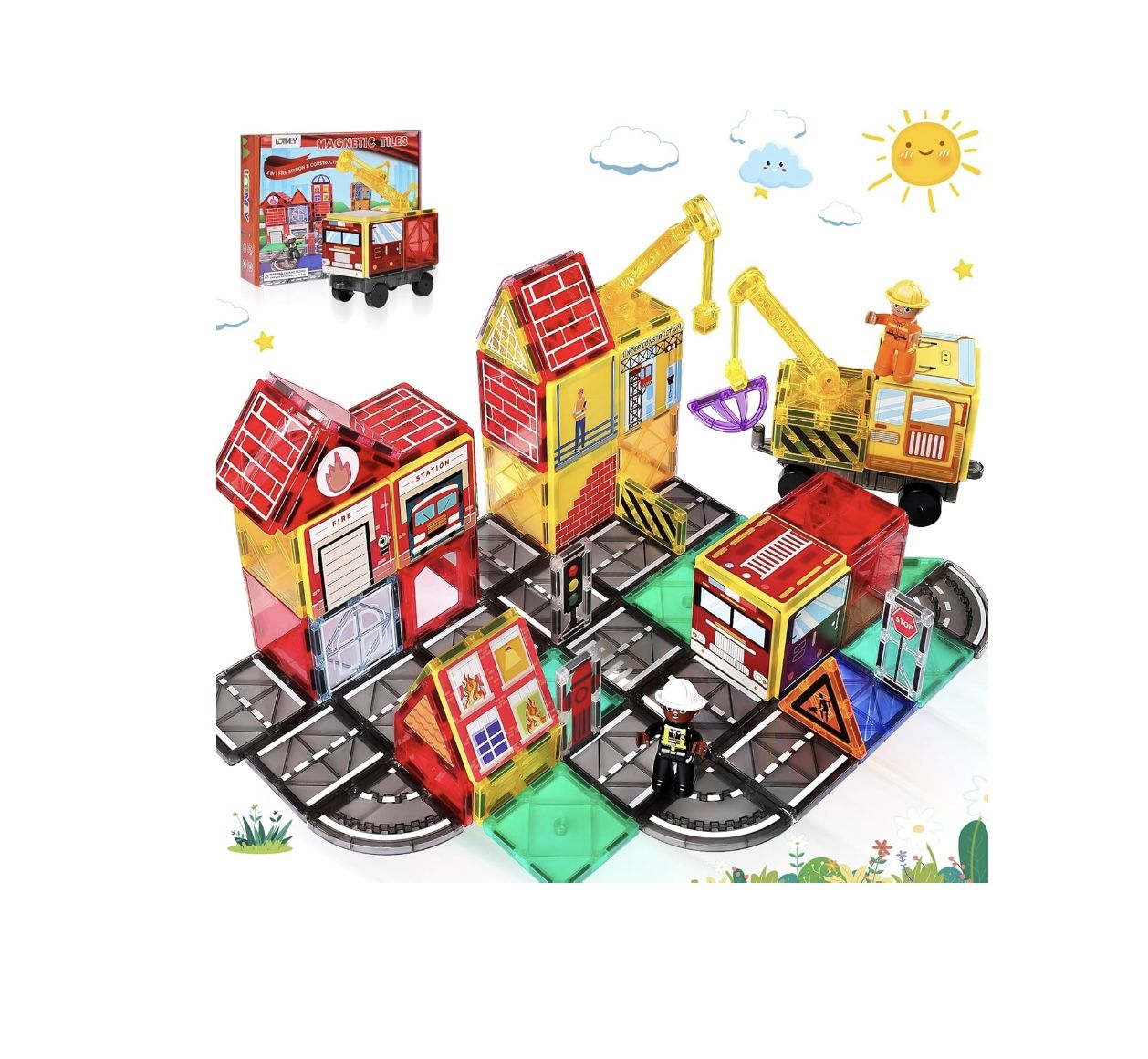 Magnetic Tiles Road Set with 2 Cranes & Double-Sided Magnet Tiles,Boys Toys for Ages 3-5 5-7 8-12,STEM Magnetic Building Construction Toys Include Car