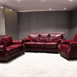 Free Delivery Red Leather Couch Loveseat And Recliner Chair 