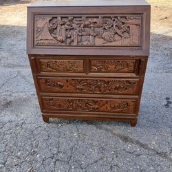 Vintage Hand Carved Drop Leaf Desk