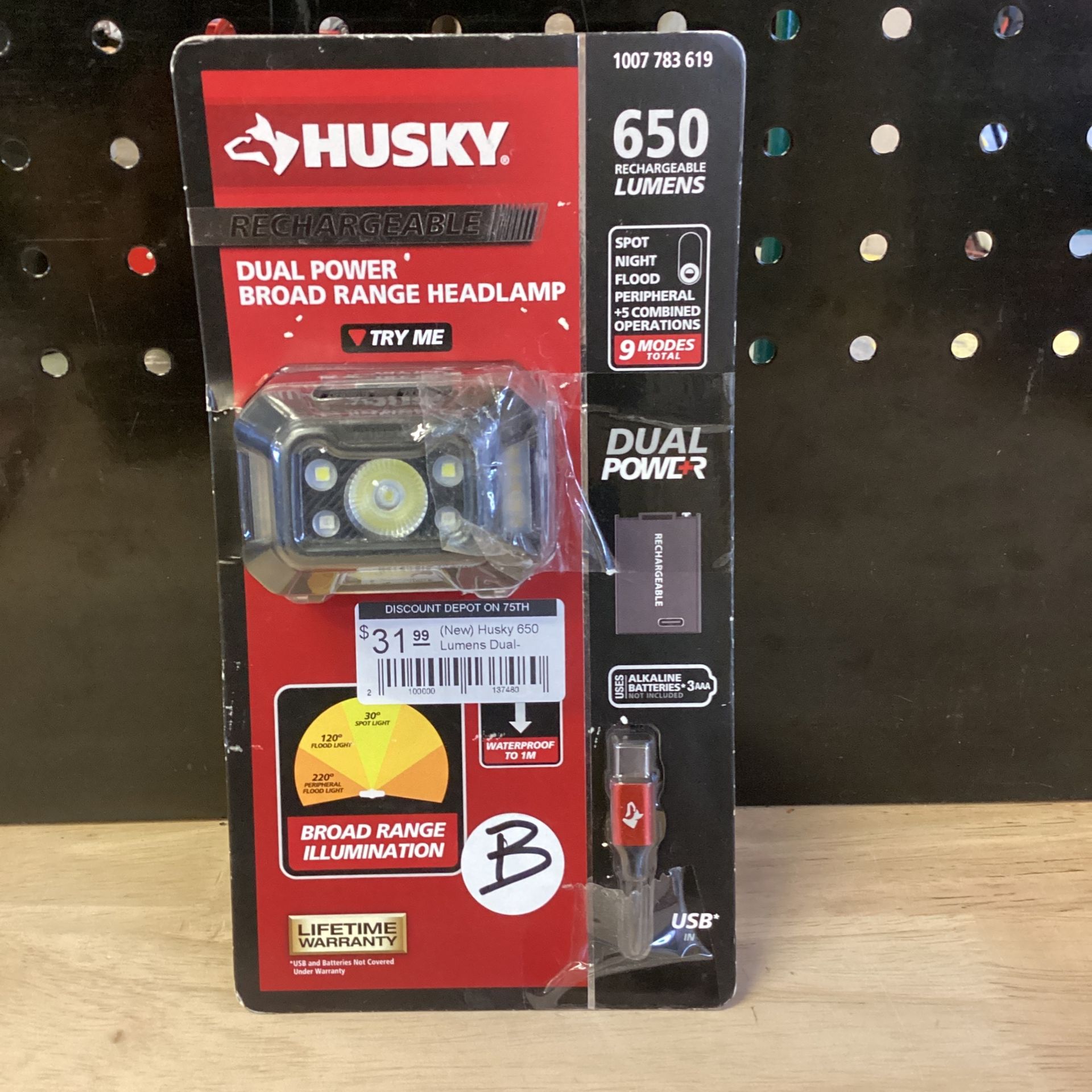 Husky 650 Lumens Dual-Power Broad Range LED Headlamp 7 Modes with