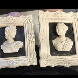 1940s Vintage Pair Framed Plaster Cameo Bust Plaques - Neoclassical Women Relief