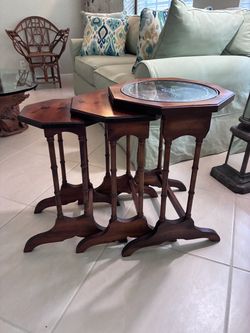 Vintage wooden faux bamboo stack table - set of 3