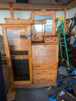 Antique Oak Combination Wardrobe Dresser with Mirror