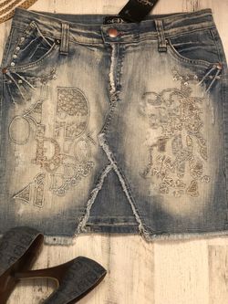 High end designer jeans skirt, Size 30 L 37 $150