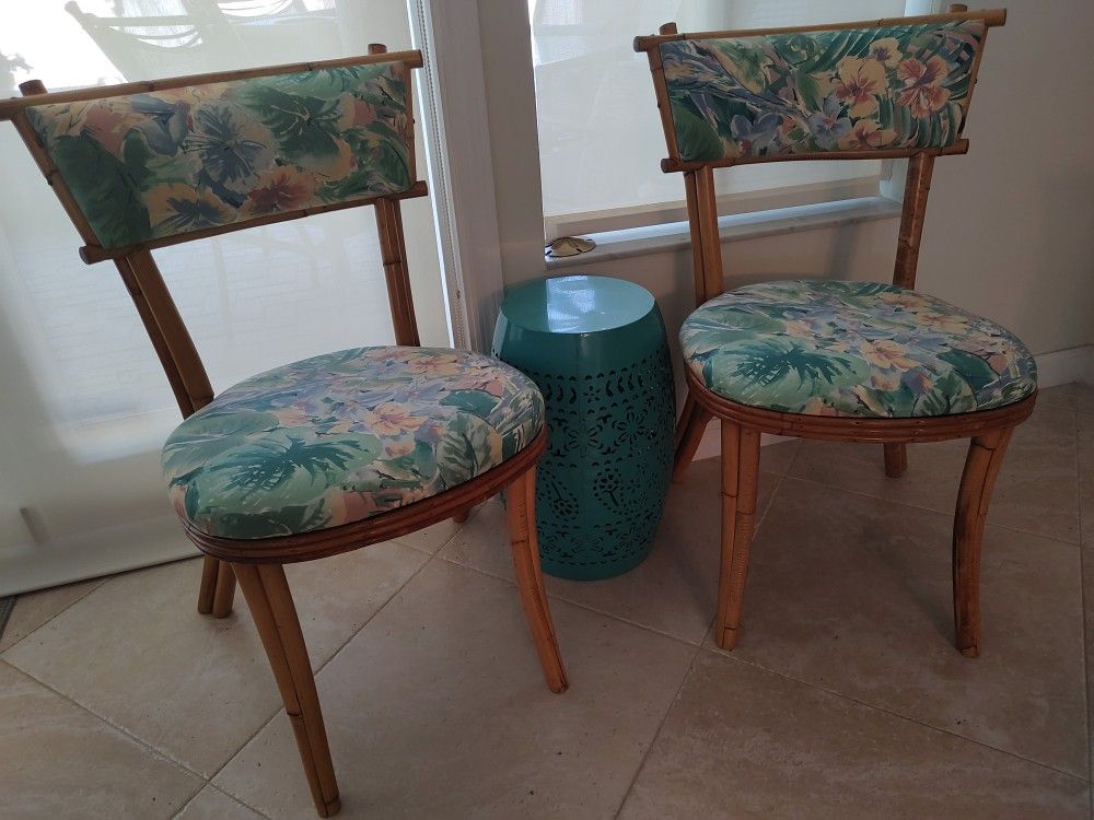 Two Vintage White Craft Rattan Chairs
