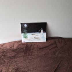 Hand Painted Cardstock Canvas Oil Paint Snowmam Tree Limited Pallet Landscape