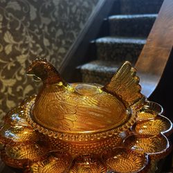 Vintage Indiana Hen On Nest With Matching Egg Plate 
