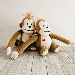 Set of 2 - 6.5" Hallmark Brown/Tan Plushie Monkeys with Embroidered Red Hearts and 15" Arm Spans with Hook and Loop Hands Paws Stuffed Animals Toys. P
