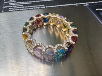 14k Yellow Gold Diamond Encrusted & Multicolor Synthetic Stone Eternity Band