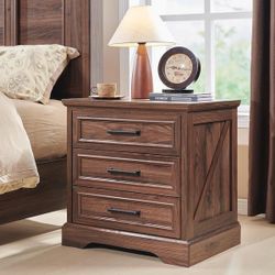 New in the box Farmhouse 3-Drawer Nightstand, Wide End Table with Charging Station - Brown(E194)