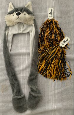 Warner ES Wolf Hoodie Hat w/ Paws / Cy Ranch HS cheerleaders blue and gold pom-poms