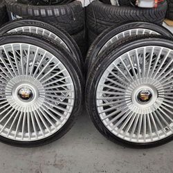 NEW 26 inch silver/brushed wheels with cadillac floating caps and lionhart 305/30r26 tires