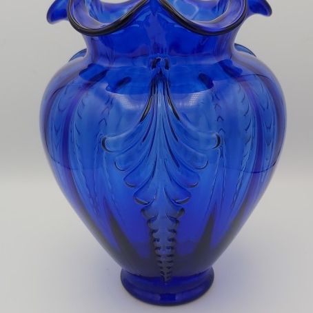 Large Vintage Fenton Cobalt Blue Feathered Belly Glass Vase (Rare)