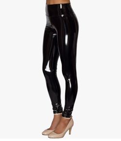 Medium Wet Look PVC Leather Open Crotch Trousers Skinny Stretchy Long Leggings Pants Clubwear Black