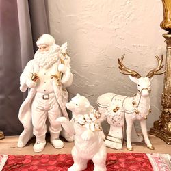 Vintage Elegant White and Gold Holiday bear and deer Figurine 
