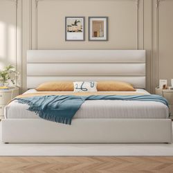 New Modern Queen Size Bed Frame with Headboard, Velvet Upholstered Platform Bed with Strong Wood Slats Support, Mattress Foundation, No Box Spring Nee
