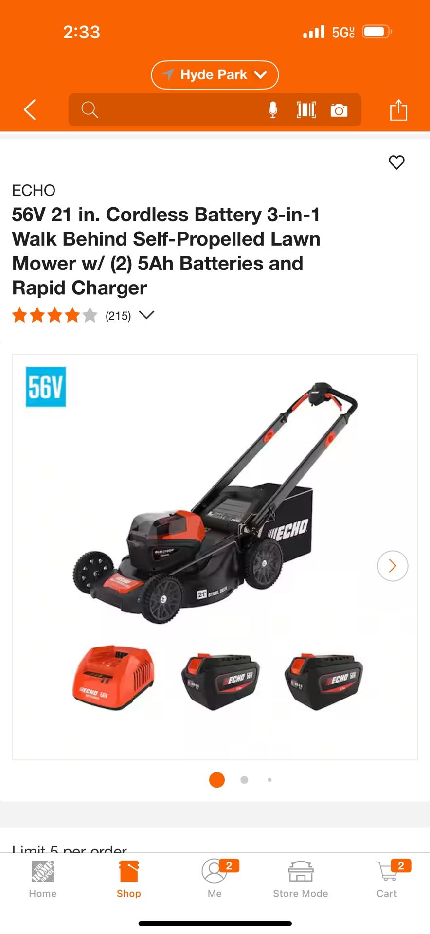 56V 21 in. Cordless Battery 3-in-1 Walk Behind Self-Propelled Lawn Mower w/ (2) 5Ah Batteries and Rapid Charger