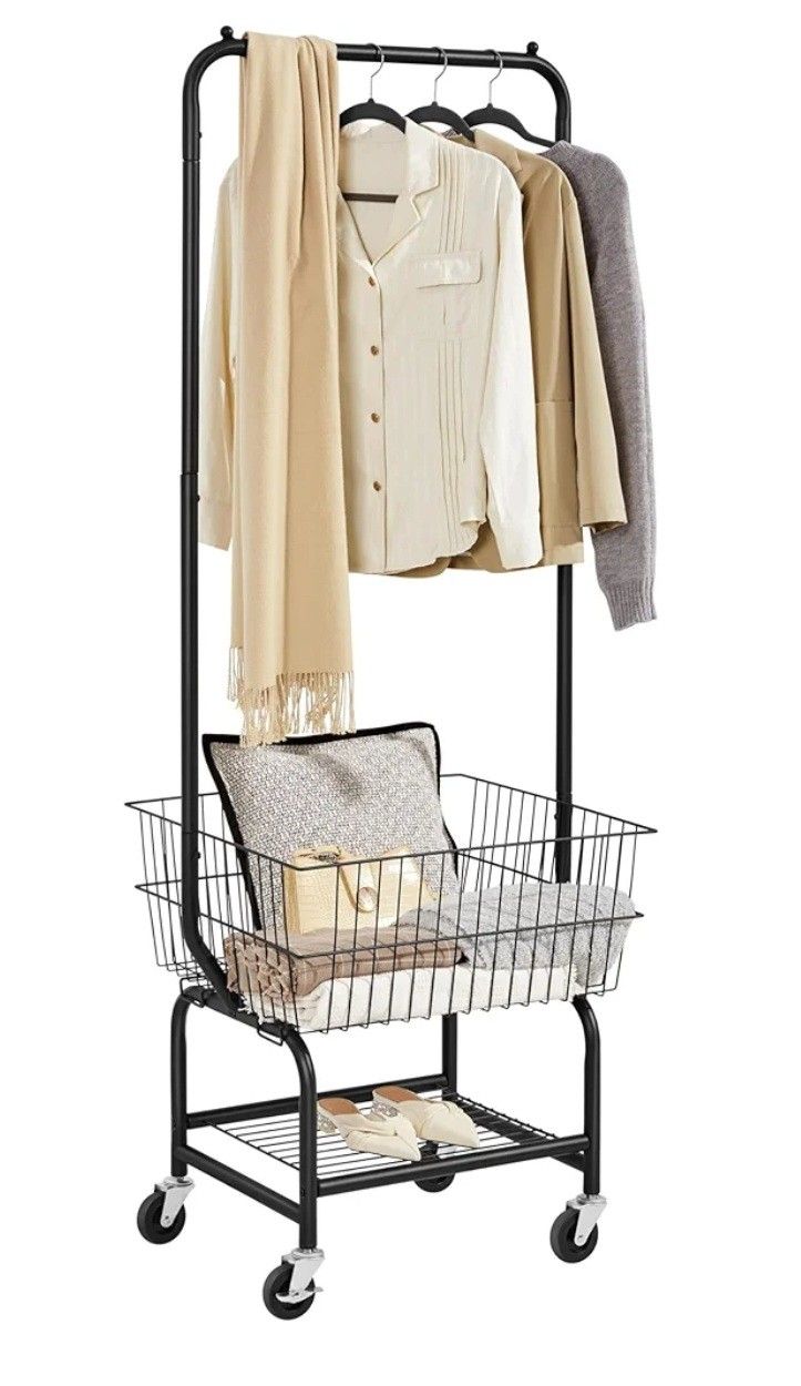 Rolling Laundry Bakset with Wheels, Laundry Cart with Hanging Rack, Metal Laundry Hamper Basket Butler Cart with Wheels and Wire Storage Rack