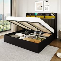 King Size Hydraulic Lift-Up Storage Bed Frame, LED Headboard with Fast Charging (USB/Type-C), 2-Tier Shelves & Velvet Upholstered, Black
