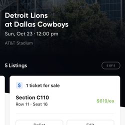 (1) Single Seat For Detroit Lions @ Dallas Cowboys Tickets Sec C110 Cowboys Bench  