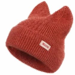 😻 Cute Brick Orange Cat Beanie w Ears Warm Knit Beanie