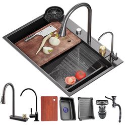 Kitchen Sink Flying rain Waterfall Stainless Steel Undermount Kitchen Sink Drop In Kitchen Sink Single Bowl, With Pull-Out Faucet, Pressurized Cup Was